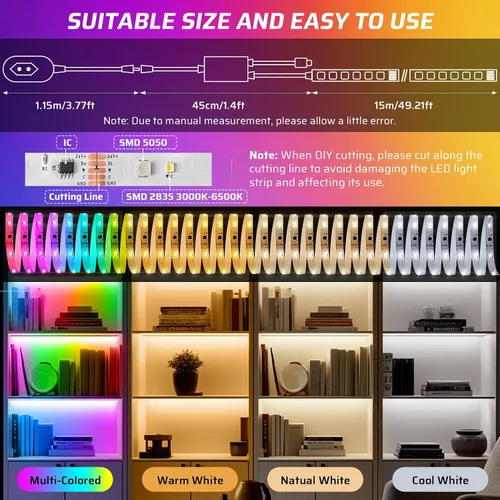 Vista 2 de RGBWW+IC - Tira de luces LED de 50 pies, regulable multicolor + 3000K-6500K luces LED con control remoto y aplicación, cinta LED autoadhesiva
