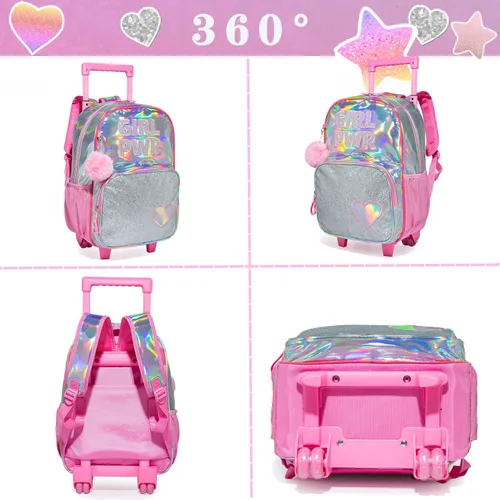 Vista 3 de HTgroce Mochila con ruedas para niñas, mochila escolar con ruedas, bolsa escolar con bolsa de almuerzo y bolsa para lápices, mochila con ruedas