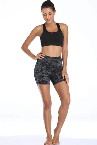 Vista 6 de Oalka Pantalones cortos de yoga para mujer, con bolsillos laterales, cintura alta, para entrenamiento, correr, deportes, 4 pulgadas