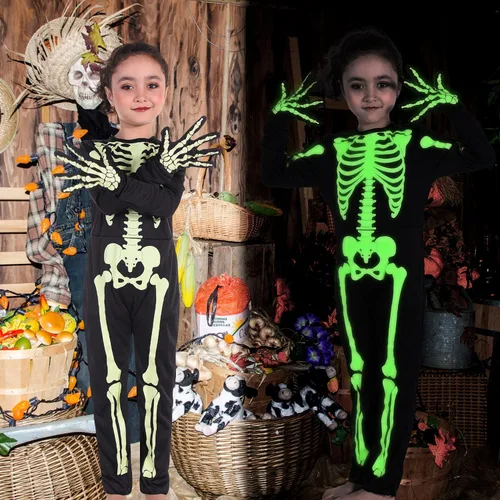 Vista 6 de Disfraz de esqueleto para niños que brillan en la oscuridad, disfraz de esqueleto para niños y niñas, fiesta de Halloween 4T