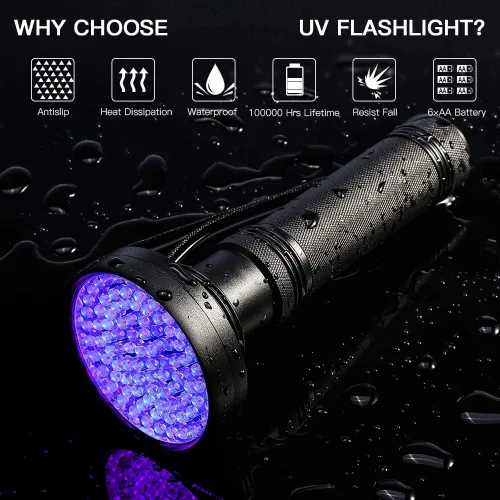 Vista 4 de Headerbs 9V IPX-6 100 LED Blacklight Scorpion 395-400nm Violeta Linterna Detección Antorcha Luz