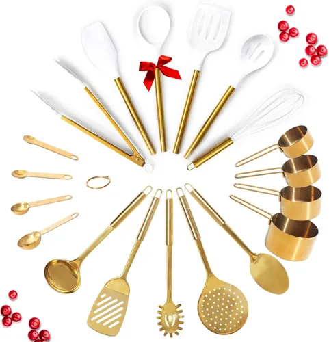 Vista 11 de Juego de utensilios de cocina dorados con tazas medidoras y cucharas, 13 piezas de accesorios de cocina dorados de lujo, incluye tazas medidoras