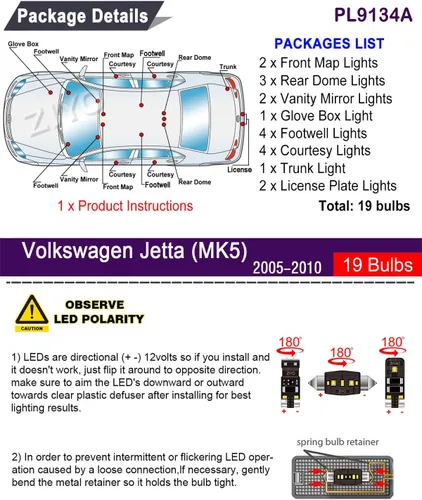 Vista 2 de Kit de luces LED para interior Volkswagen Jetta MK5 2005-2010 de repuesto de bombillas de cúpula, 6000 K, luces LED blancas de xenón, accesorios
