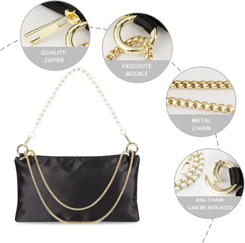 Vista 7 de Women Satin Evening Handbag Wedding Prom Clutch Purse Formal Cocktail Party Clutches Shoulder Bag with 2 Bag Chains