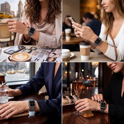 Vista 4 de compatible con Apple Watch de 1.496 pulgadas 1.575 pulgadas 1.654 pulgadas 1.732 pulgadas con funda para mujer, correa de metal con diamante