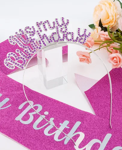 Vista 8 de Corona de cumpleaños para niñas, linda banda de cumpleaños y tiara de cumpleaños para mujer, diadema de dulce cumpleaños, decoración de cumpleaños