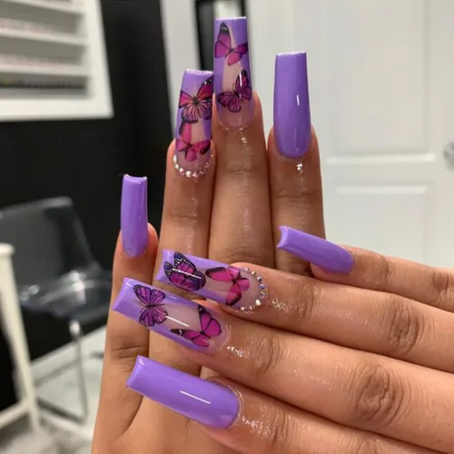 Vista 12 de 24 uñas postizas cuadradas de color negro brillante, de cobertura completa, con diseños de notas musicales, uñas postizas acrílicas con pegamento
