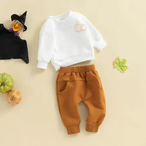 Vista 3 de Conjunto de sudadera de calabaza para bebé y niña, para Halloween, para otoño e invierno