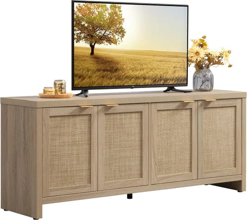 Vista 10 de SICOTAS Soporte de TV para sala de estar, centro de entretenimiento boho para dormitorio con 4 gabinetes de ratán, soporte de televisión de granja