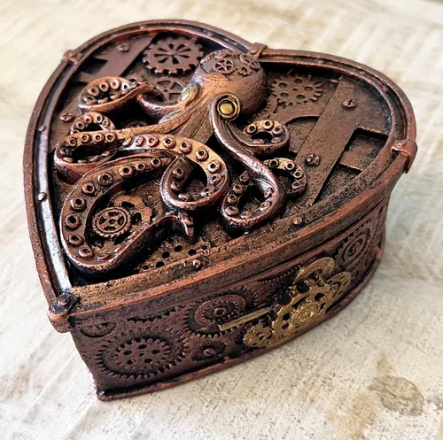 Vista 8 de Top Brass Steampunk - Joyero con forma de corazón de pulpo pequeño, decoración gótica ecléctica inusual (cobre rústico)