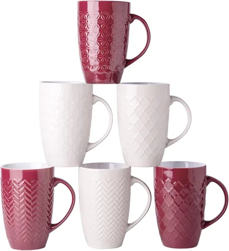 Vista 12 de AmorArc Juego de 6 tazas de café extragrandes de cerámica de 20 onzas con patrones geométricos texturizados para café, té, cerveza, cacao caliente