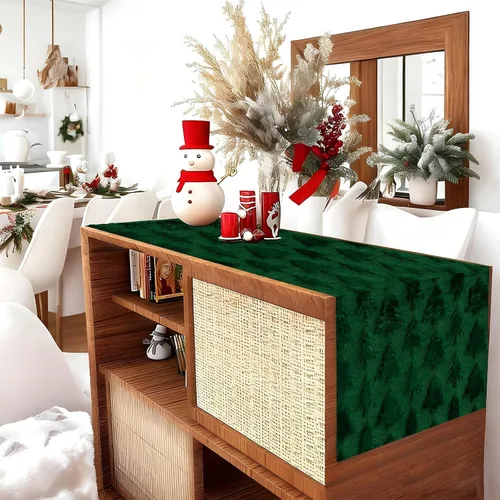 Vista 4 de IVAPUPU Camino de mesa de Navidad para vacaciones de invierno, árbol de Navidad verde de felpa suave con pelusa, decoración del hogar de Navidad