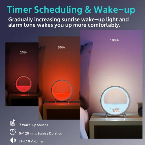Vista 7 de MOMILLA Reloj despertador Sunrise con estación de carga inalámbrica de 15 W, altavoz Bluetooth y máquina de ruido blanco, luz de despertador