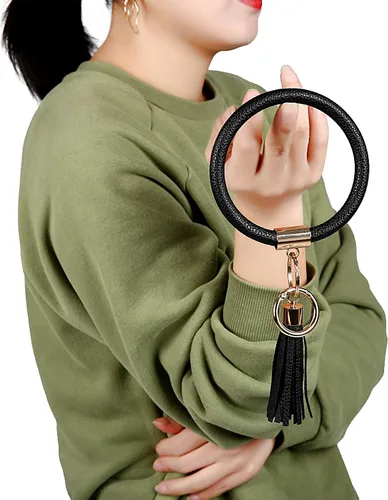 Vista 4 de Coolcos Llavero de piel, círculo grande con borla, para muñeca, brazalete, regalo para mujer