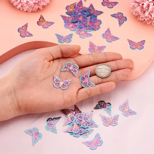 Vista 5 de FASHEWELRY 50 piezas de conectores de filigrana de mariposa de acero inoxidable, adornos de metal grabados con arco iris para fabricación de joyas