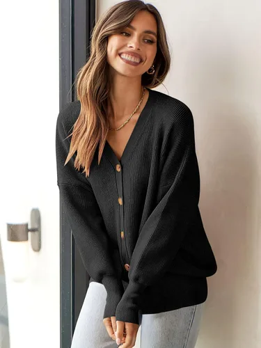 Vista 6 de ANRABESS Suéter de punto de manga larga con botones y cuello en V para mujer, casual, holgado, de gran tamaño, abrigo
