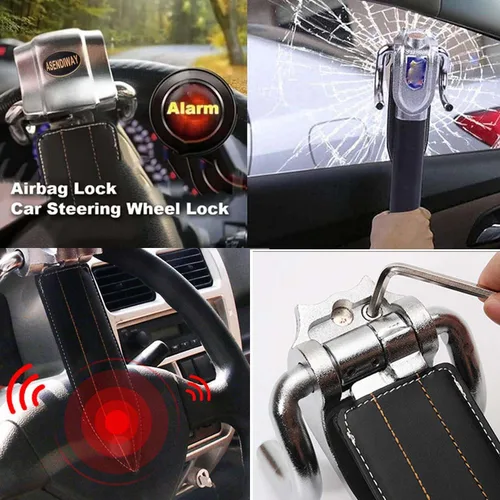 Vista 4 de Cerradura de volante universal antirrobo dispositivo de seguridad resistente para vehículo, camión, SUV, furgoneta, con 2 llaves, color negro