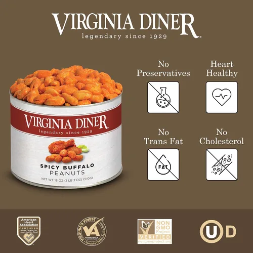 Vista 4 de Virginia Diner - Cacahuetes gourmet naturales picantes de Buffalo Virginia, lata de 18 onzas
