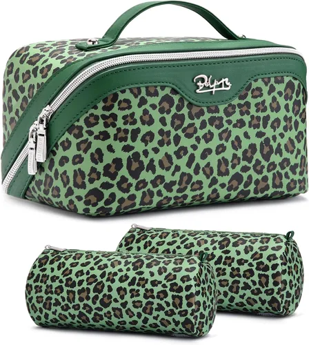Vista 16 de BOYATU Bolsa de maquillaje de viaje para mujer: 3 en 1 modular con estampado de leopardo para viajes de 3 a 15 días - Neceser impermeable de cuero