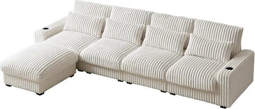 Vista 8 de Sofá cama modular de pana de 126 pulgadas de gran tamaño con portavasos, sofá cama convertible de 4 plazas con puerto de carga USB y cojines de Beige