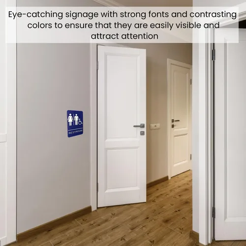 Vista 2 de Letrero de baño unisex en Braille – Letrero de baño azul con cinta 3M de doble cara segura ideal en menos de un minuto – Diseño único – Tamaño 9 x 6