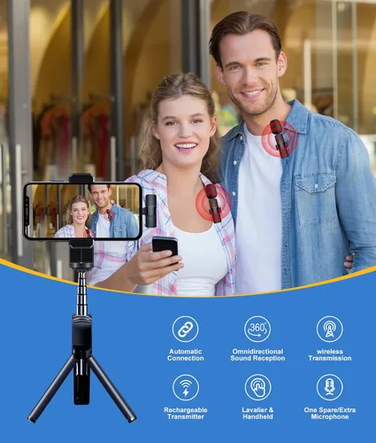 Vista 3 de Juego de 2 micrófonos inalámbricos de solapa Lavalier para iPhone, iPad, micrófono de grabación de condensador omnidireccional inalámbrico