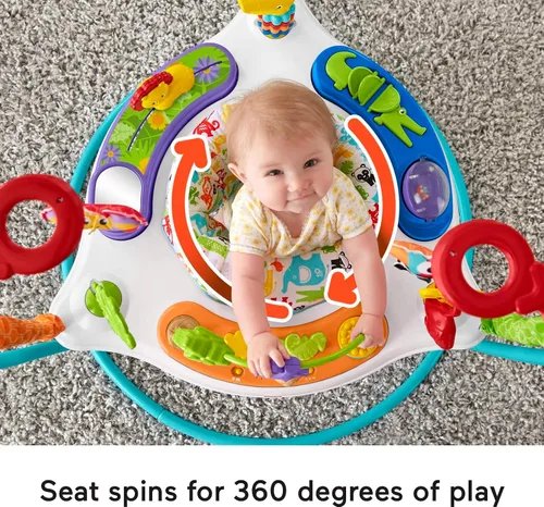 Vista 4 de Fisher-Price Baby Bouncer - Jumperoo de actividades de animales con luces musicales, sonidos y juguetes para recién nacidos, maracas Rattle 'n Rock
