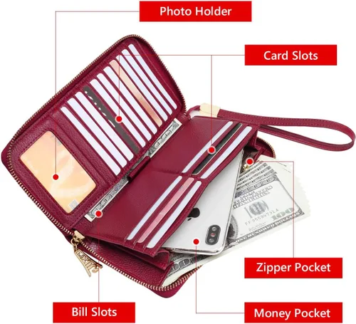 Vista 3 de Carteras de cuero para mujer cuero genuino RFID bloqueo caja de regalo embalaje