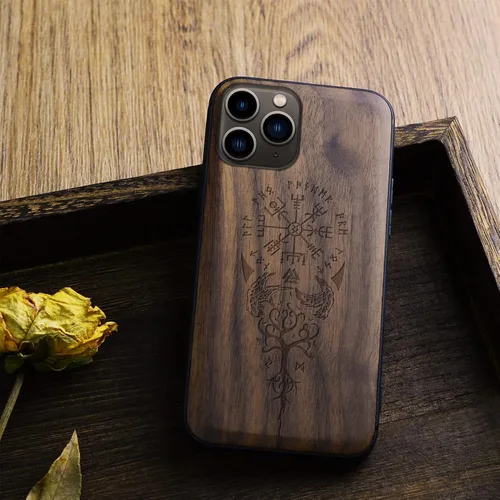 Vista 4 de Carveit Funda de madera para iPhone 11 Pro Max [madera real dura y TPU suave] a prueba de golpes, protector de teléfono de madera único compatible