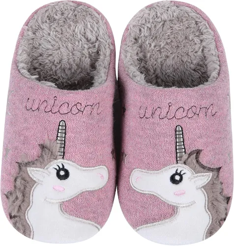 Vista 2 de Shevalues Pantuflas con forro de piel de animal para niños, niñas y niños, zapatos de casa de erizo de unicornio, mullidos bordados, para interiores