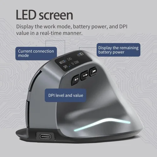 Vista 3 de zelotes Ratón inalámbrico, mouse Bluetooth con pantalla LED, recargable, 3200 DPI, mouse vertical de 7 botones, mouse ergonómico para computadora
