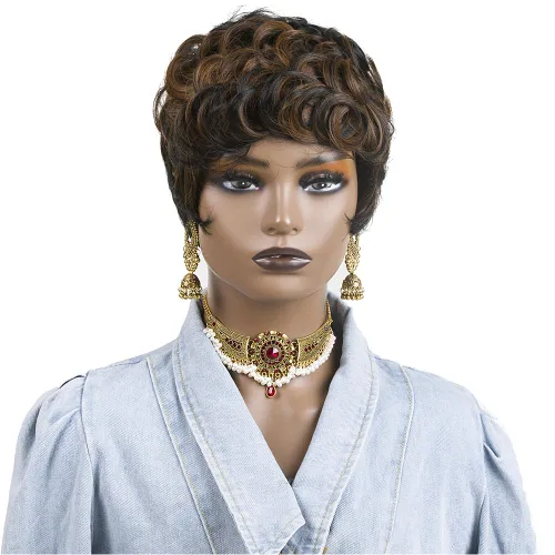 Vista 2 de Pelucas cortas de corte Pixie para mujeres negras, pelucas de corte Pixie con flequillo, negro mezclado con marrón, pelucas rizadas cortas