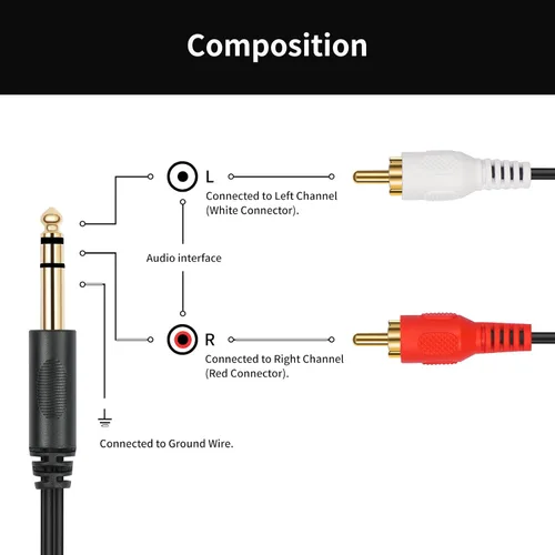 Vista 4 de Conector estéreo TRS macho chapado en oro de 0.250 in 1/4 pulgadas a 2 RCA Phono macho Audio Y Splitter Cable, conector de cable (4.9 ft)