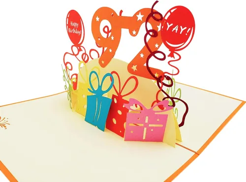 Vista 4 de iGifts And Cards Tarjeta desplegable 3D de cumpleaños 92, regalos coloridos y celebración de hitos de globos, saludo sincero para personas mayores