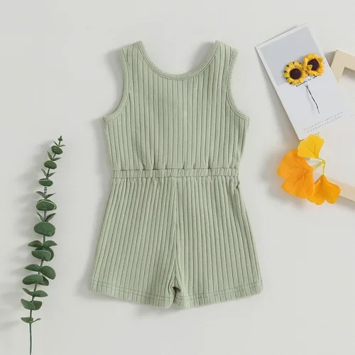 Vista 3 de TheFound Mameluco de verano para niña pequeña, ropa acanalada, overol con botones, 0-5T