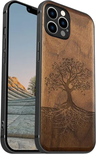 Vista 12 de Carveit Funda de madera para iPhone 12, árbol con raíces - Blackwood) Blackwood-12