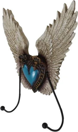 Vista 2 de Ebros Gift Corazón de flor de Lis de cuero sintético rústico occidental con alas de roca turquesa y ángel, ganchos dobles decorativos para colgar