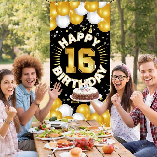 Vista 2 de Decoraciones de feliz cumpleaños número 16 para niños y niñas, pancarta de tela para cumpleaños de 16 años, suministros de fiesta de dieciséis años