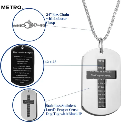 Vista 5 de Metro Jewelry Lord's Prayer - Collar con colgante de cruz tallada para hombre en acero inoxidable con chapado en iones negros en una cadena de caja