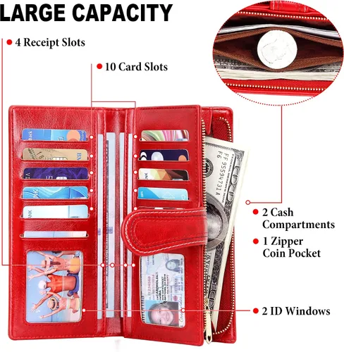Vista 4 de VOCUS Cartera de cuero para mujer, billetera larga plegable de gran capacidad, tarjetero para tarjetas de crédito con cremallera para damas.., Rojo