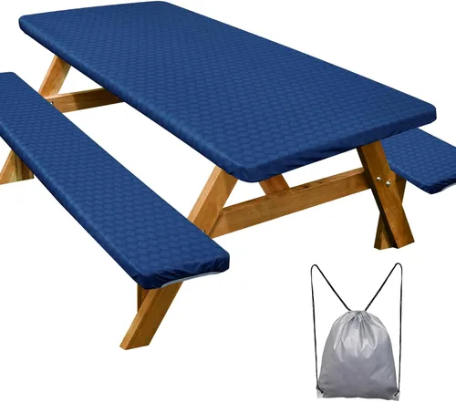 Vista 8 de Funda de mesa de picnic con fundas para bancos Esenciales de camping Mantel de picnic impermeable y a prueba de viento con bolsa de cordón, funda
