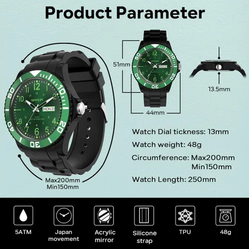 Vista 3 de Relojes para hombre, color verde, impermeable, con fecha, analógico, de cuarzo, con bisel de movilidad, bisel de movilidad, 50M, impermeable, a