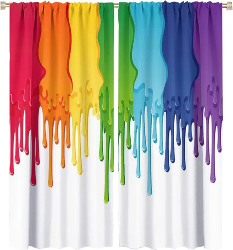 Vista 87 de Cortinas opacas abstractas de arco iris, pintura de color arcoíris con gotas, diseño gráfico creativo con bolsillo para barra, para sala de estar