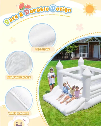 Vista 3 de AirMyFun Casa de rebote blanca para niños de 3 a 10 años, casa de rebote con soplador, tobogán y aro de bola, castillo inflable de salto