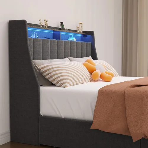 Vista 5 de HAUSHECK Base de cama Queen con cabecera de almacenamiento, 4 cajones y luces LED, cama de plataforma tapizada con cabecera de alas, marco de cama