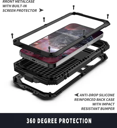 Vista 3 de Lunivop Funda de metal compatible con iPhone 13 Pro Max, protector de pantalla integrado para deportes al aire libre, protección resistente, a Negro