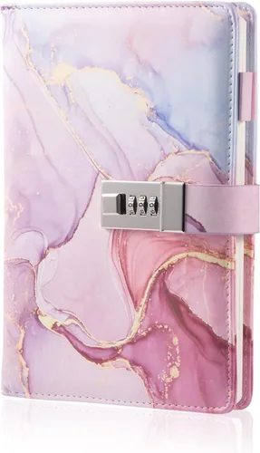 Vista 9 de Diario de mármol con cerradura para niñas y mujeres, diario de cuero A5 con cerradura para adolescentes, cuadernos secretos con bloqueo