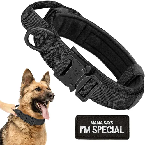 Vista 9 de Collar táctico para perro, collar militar ajustable de nailon para entrenamiento, hebilla de metal resistente, collares tácticos para mediano y Negro