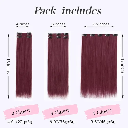 Vista 4 de Extensiones de cabello sintético con clip, color burdeos de 18 pulgadas de largo, invisibles, gruesas, extensiones de cabello lacio con clips, 5