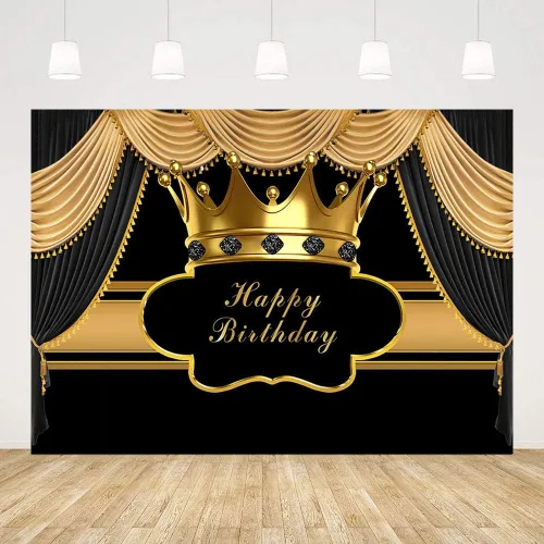 Vista 2 de MEHOFOND Telón de Fondo Real Negro y Dorado para Fiesta de Cumpleaños de Decoración para Hombre, Niño, Príncipe, Telón de Fondo de Corona Dorada